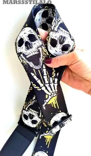 Vista 2 de Correas de guitarra clásica profesional de 2 pulgadas Cool Skull Impreso Polyster Soft Electric Bass Strap (amarillo)