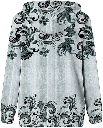 Vista 4 de Sudadera Henley con botones abiertos para mujer, sudadera con capucha y estampado floral, manga larga, recortada, con cordón