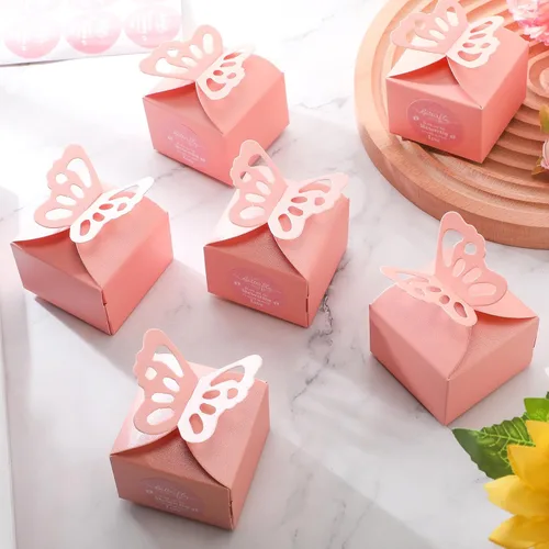 Vista 4 de Fulmoon 100 cajas de regalo de mariposa para baby shower, cajas de regalo de mariposa rosa, caramelo rosa, regalo de baby shower con 100 etiquetas