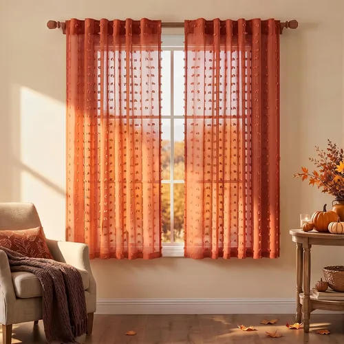 Vista 15 de Cortinas negras KOUFALL de 45 pulgadas de largo para ventana de cocina, cortinas transparentes con pompones y textura de encaje bohemio con bolsillo