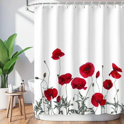 Vista 8 de LIVILAN Cortina de ducha con flores rosas y grises, cortinas de ducha florales de acuarela con ganchos, tela blanca y gris, decoración de baño