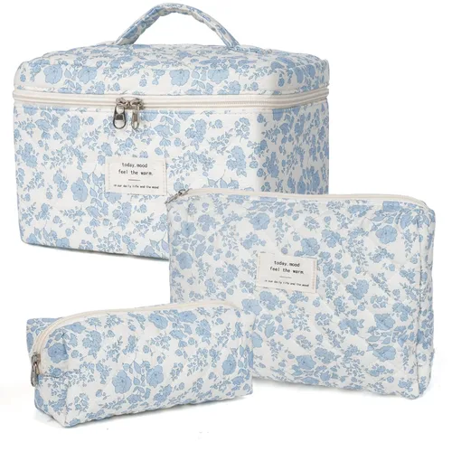 Vista 17 de honitty Bolsa de maquillaje, bolsas de cosméticos acolchadas, bolsas de maquillaje florales grandes para mujeres, organizador de maquillaje, bolsa