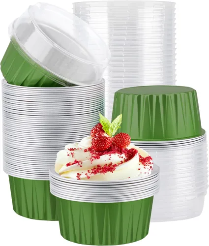 Vista 24 de EUSOAR Moldes desechables de papel de aluminio con tapas, 30 piezas de 5 onzas (4.2 fl oz) de papel de aluminio para magdalenas, tazas para hornear