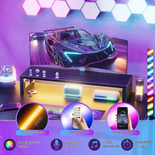 Vista 5 de Escritorio pequeño para juegos de 40 pulgadas con estantes de tablero de clavijas, escritorios para computadora con luces LED, tomas de corriente