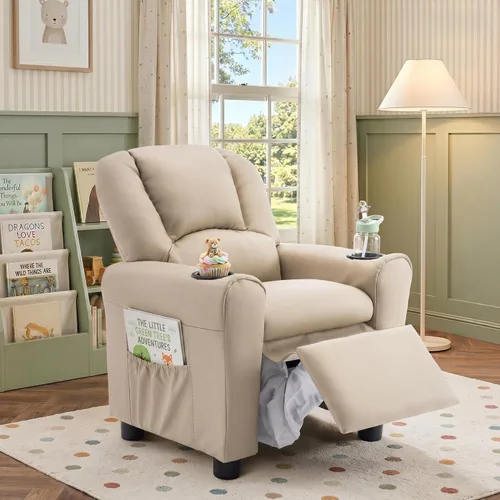 Vista 6 de Silla reclinable de piel sintética para niños, sofá reclinable para niños Beige