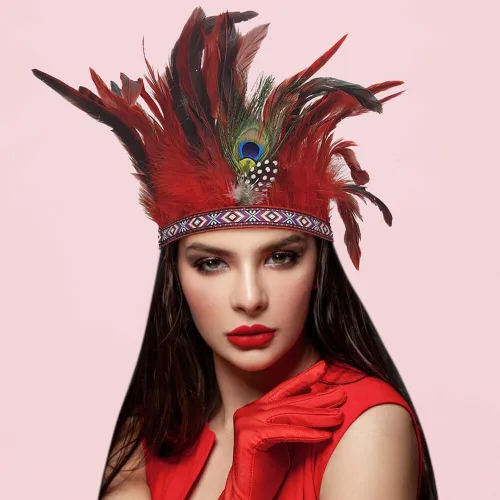 Vista 4 de Diadema de plumas india corona de plumas para carnaval, tocado de Halloween, disfraz de cosplay