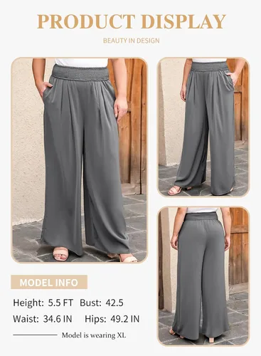Vista 3 de Eytino Pantalones de pierna ancha para mujer, talla grande, casual, holgados, fruncidos, de cintura alta, pantalones palazzo (1X-5X)