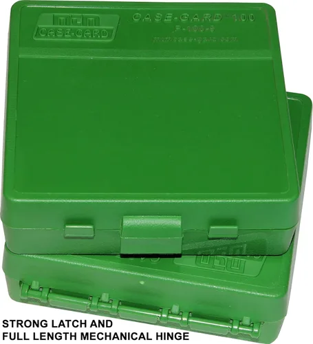 Vista 3 de Caja MTM con tapa abatible para 100 municiones para pistolas de calibre 15 pulgadas y 0.35 pulgadas Verde
