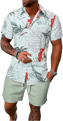 Vista 2 de SHENHE Conjunto de camisa y pantalones cortos de manga corta con botones de 2 piezas para hombre