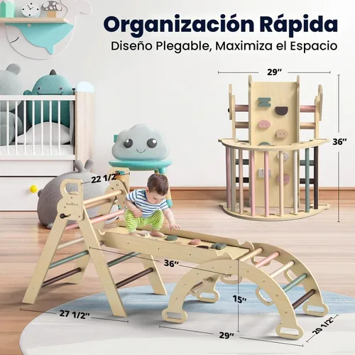 Vista 5 de BlueWood Pikler Triangle Set, Foldable Toddler Climbing Toys Rosa malva