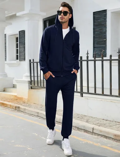 Vista 2 de TURETRENDY Conjunto deportivo para hombre, con cremallera completa, sudadera deportiva con capucha y cremallera completa