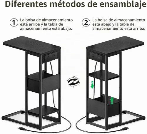 Vista 6 de Mesa auxiliar en forma de C con estación de carga, mesa lateral pequeña para sofá reclinable, mesas de aperitivos deslizables debajo del sofá