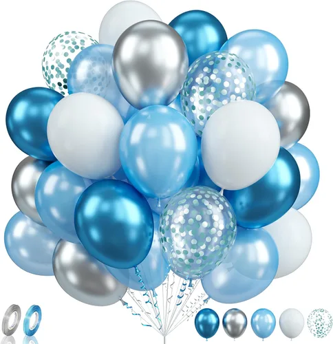 Vista 27 de Globos de graduación azules y dorados, 60 globos impresos con texto en inglés "Felicitaciones", 12 pulgadas, azul marino, blanco, azul, metálico
