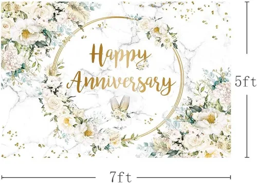 Vista 3 de MEHOFOND Telón de fondo de feliz aniversario de 7 x 5 pies con diseño floral blanco para fotografía de aniversario de boda, fondo geométrico