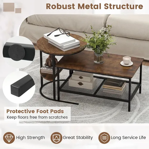 Vista 5 de Giantex Juego de 2 mesas auxiliares anidadas, mesa rectangular desmontable y mesa redonda con veta de madera, marco de metal dorado resistente, mesa