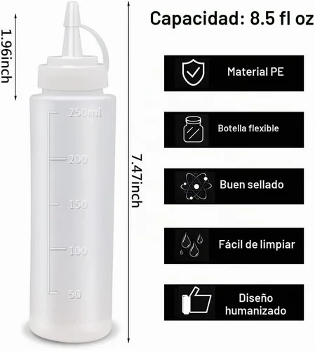 Vista 8 de Abnaok Botellas exprimibles para condimentos, paquete de 2 botellas de plástico de grado alimenticio de 8 onzas para salsas, recipientes