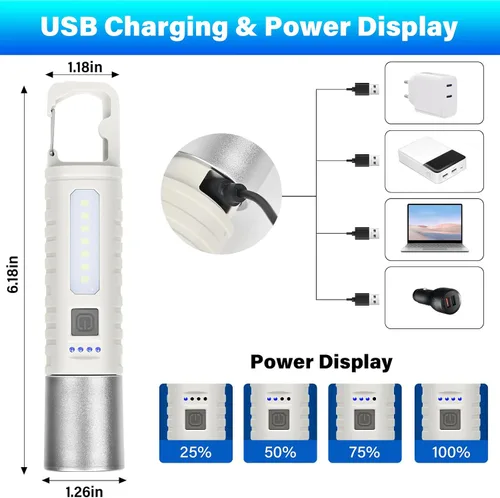 Vista 5 de Pequeña linterna LED recargable, luz de mano ultraligera de 500 lm con luz lateral COB, zoomable, 4 modos, USB-C, perfecta para campamento, corte
