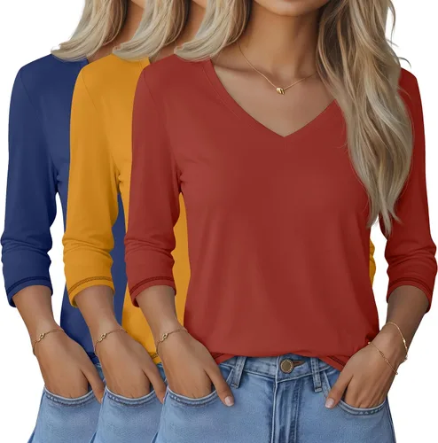 Vista 28 de Ficerd Paquete de 3 camisetas de manga 3/4 para mujer, cuello en V, blusas holgadas, blusas casuales, ropa de moda 2026