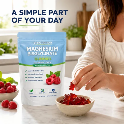 Vista 7 de Spnutrition Gomitas de bisglicinato de magnesio, 400 mg por porción, 60 unidades Sal marina, polvo de fruta de frambuesa, apoyo de bienestar