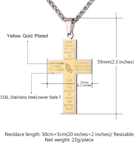 Vista 4 de U7 Simple Cross Necklace for Men Women, Stainless Steel Silver Black Gold Latin Cross Pendant Necklaces, Custom Engravable, Length 22-24 Inches