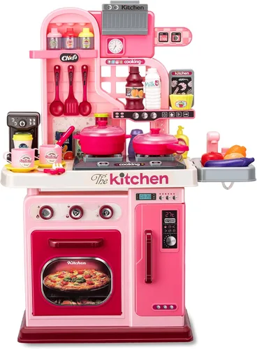Vista 8 de Juego de cocina para niños, 53 piezas, estufa de cocina, fregadero de juego, horno, juguetes de cocina con luces y sonidos realistas, juguetes