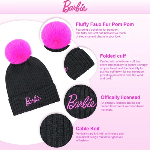 Vista 2 de Barbie Gorro de invierno para mujer Gorro de invierno para mujer con guantes, gorro cálido, gorro de punto rosa