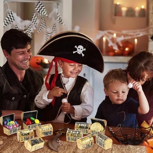 Vista 6 de HooLing 150 piezas de mini cofre del tesoro pirata, pequeños cofres del tesoro de plástico, caja de almacenamiento de colección de joyas piratas