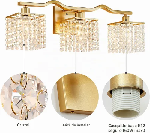 Vista 3 de WUZUPS Lámpara de Baño de 3 Luces sobre Espejo, Apliques de Pared de Tocador Modernos, Luz de Gota de Cristal Transparente para Dormitorio, Sala
