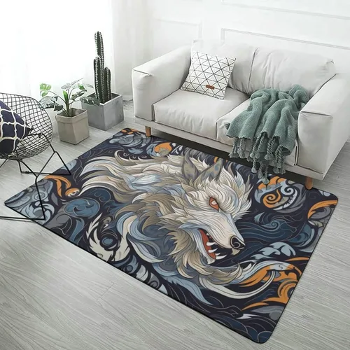 Vista 20 de Alfombra de lobo Fenrir de la mitología nórdica, decoración del hogar, dormitorio, sala de estar, alfombra suave y ligera de franela absorbente