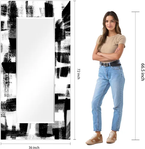 Vista 8 de Empire Art Direct Espejo de pared rectangular biselado en blanco y negro con vidrio templado impreso abstracto, tocador, espejo de baño, listo