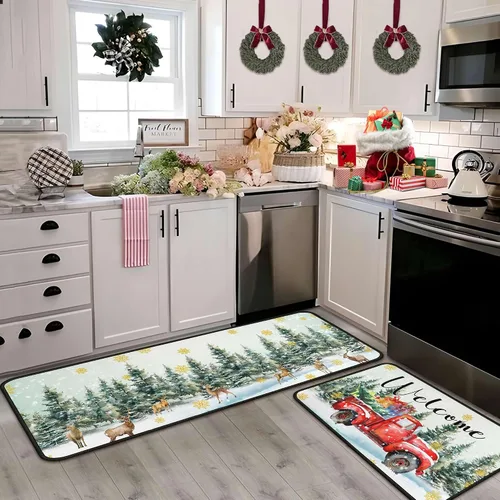 Vista 8 de Juego de 2 alfombras y tapetes de cocina navideñas para camiones, decoraciones navideñas para el hogar, antideslizantes con respaldo, alfombras