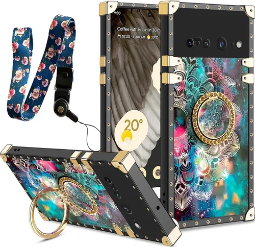 Vista 42 de nancheng Funda para Google Pixel 6 de lujo, diseño de abeja, corazón y abeja, chapado en oro, con anillo de diamante de 360°, correa de cordón