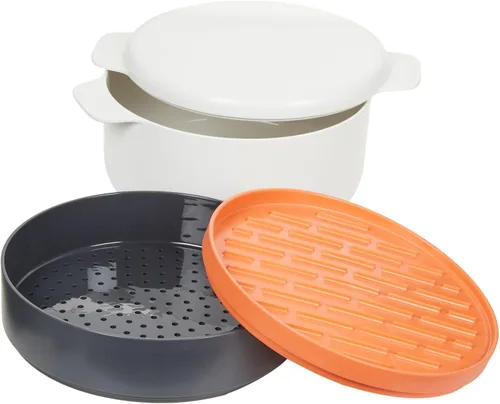 Vista 3 de Joseph Joseph M-Cuisine - Juego de cocina apilable para microondas, 4 piezas, olla de 2 litros, vaporera, plancha y tapa, naranja/beige