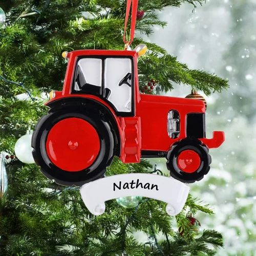 Vista 2 de Adorno de tractor rojo personalizado, adorno de árbol de Navidad de granja, regalo de recuerdo para niños, abuelo, granjero, bebé, niños pequeños