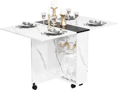 Vista 2 de 3imothrix Mesa de comedor plegable, mesa de comedor con cajón y almacenamiento y estantes, mesa de comedor que ahorra espacio con 6 ruedas, mesa