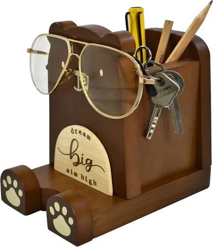 Vista 3 de I'm - Soporte multiusos de madera para lentes, teléfono, pluma y lápiz, accesorios de escritorio, decoración de escritorio, hogar, oficina Oso