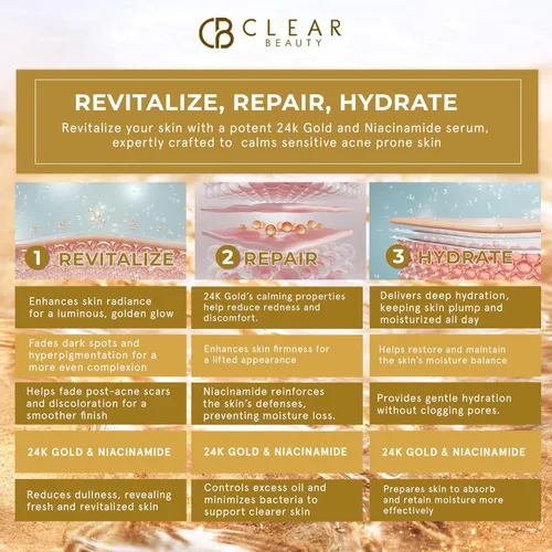 Vista 6 de Clear Beauty Suero de oro de 24 quilates y niacinamida para cara, antienvejecimiento, reafirmante, hidratación, tono y resplandor, probado por