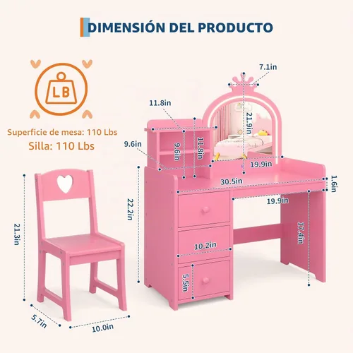 Vista 5 de Juego de mesa y silla para niños con espejo de luz y 3 cajones Rosa