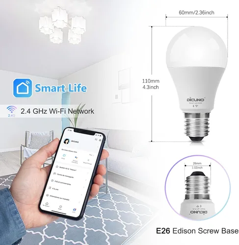 Vista 5 de DiCUNO Bombillas inteligentes, bombilla cambiante a todo color, compatible con Alexa, Google Assistant, no requiere concentrador, RGBCW multicolor