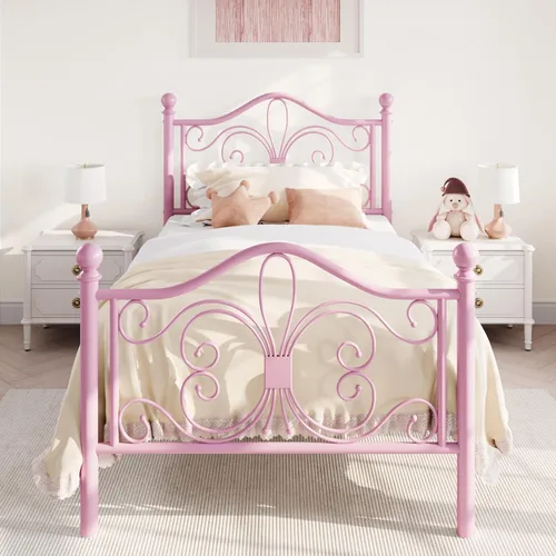 Vista 11 de SHA CERLIN Estructura de cama de tamaño individual para niños, estructura de cama de metal con cabecero y pie de cama con diseño de patrón de Negro