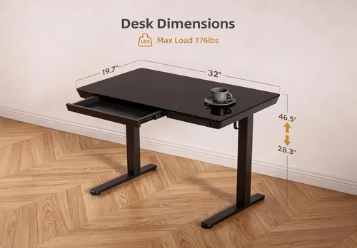 Vista 3 de Claiks Escritorio de pie pequeño de cristal con cajones y puertos USB 32x19 negro