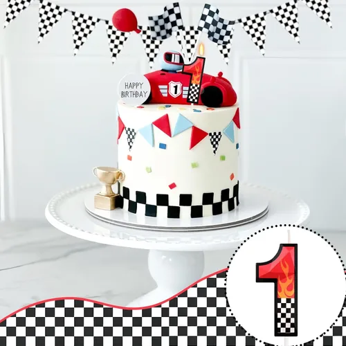 Vista 4 de Vela de cumpleaños número 1 de coches de carreras, decoraciones