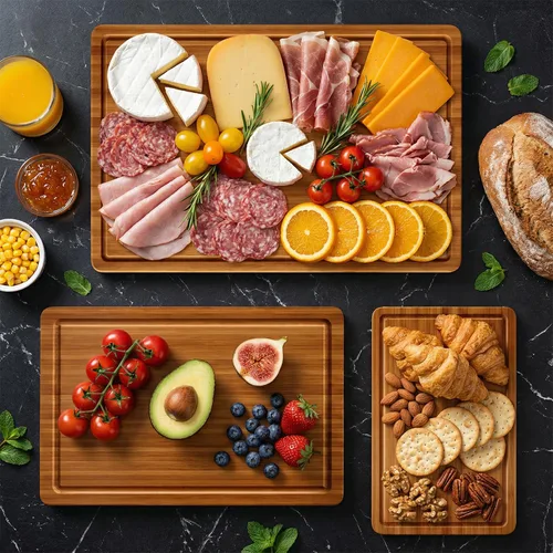 Vista 8 de Juego de 3 tablas de cortar de bambú con pies antideslizantes, tablas de cortar de madera maciza para cocina, tablas de cortar de madera no tóxicas