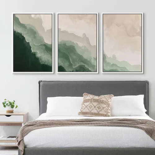 Vista 55 de SIGNFORD - Set de obras de arte en lienzo enmarcado para pared, ilustraciones abstractas de neblina del desierto en tonos neutros beige y marrón