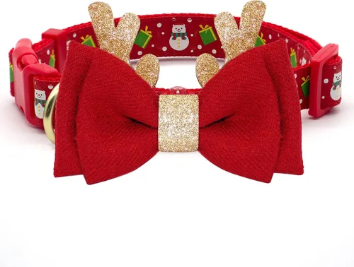 Vista 6 de azuza Collar de Navidad para mascotas, collar de Navidad ajustable para perro con cuernos de Navidad, accesorios de corbatín de muñeco de nieve