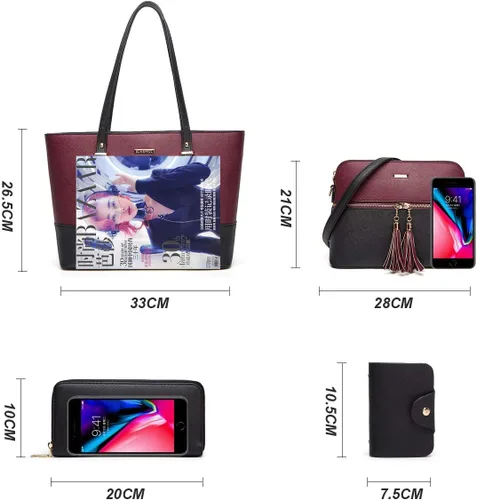 Vista 4 de Bolso de mano de moda para mujer, bolso de hombro, asa superior, juego de 4 piezas