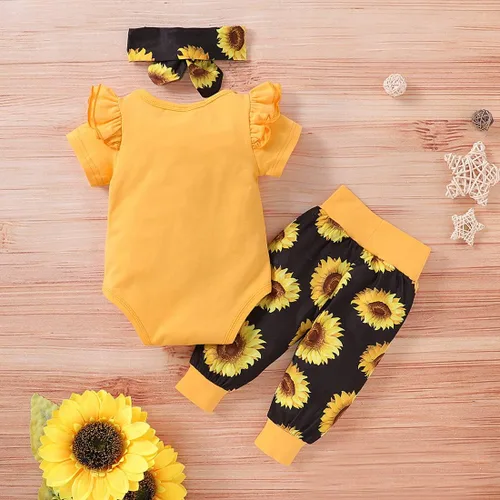 Vista 3 de Conjunto de ropa para bebé recién nacida, 3 piezas, camiseta y pantalones de girasol, conjunto de ropa