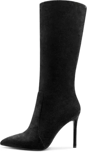 Vista 2 de Aachcol Botas de media pantorrilla para mujer, tacón alto, punta puntiaguda, cremallera, clásica, 4 pulgadas
