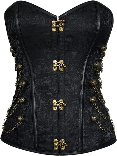 Vista 8 de Charmian - Corsé Steampunk gótico con espiral de acero para mujer, con cadenas Negro