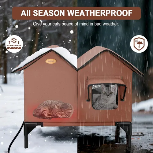 Vista 4 de Casa climatizada para gatos para exteriores en invierno, casa elevada para gatos al aire libre, resistente a la intemperie, puerta de escape